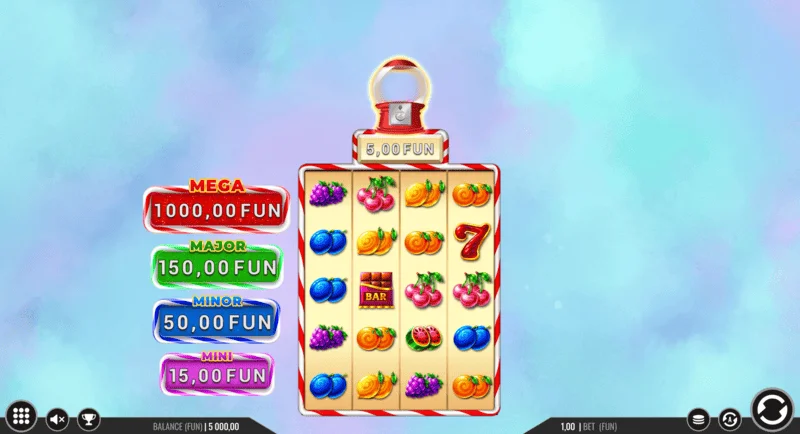 Sweet Candy Cash Stash - სათამაშო ეკრანი სვეტებით და მართვის ღილაკებით